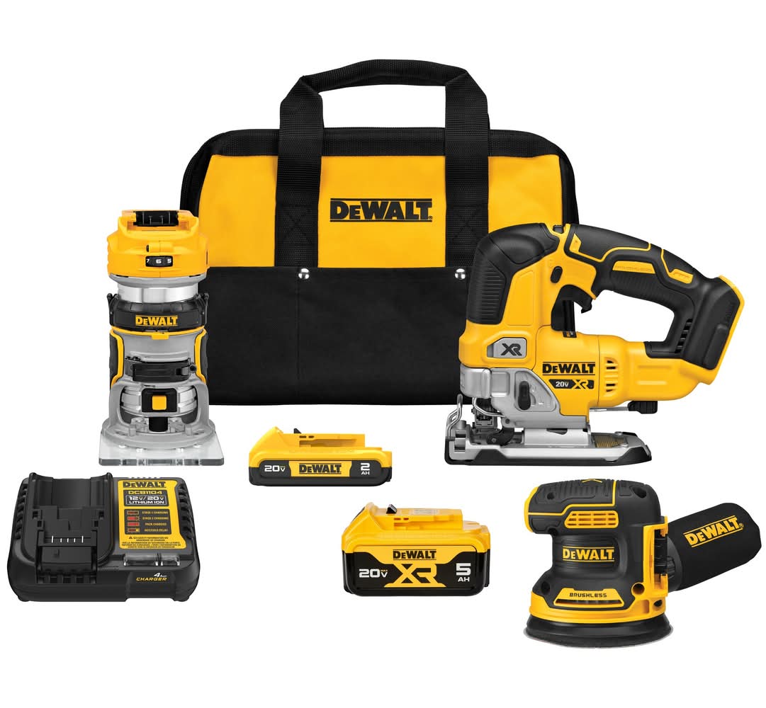 DeWalt 20V MAX XR 3-Tool Brushless Woodworking Power Tool Combo Kit with Soft Case (2-Batteries and Charger Included)