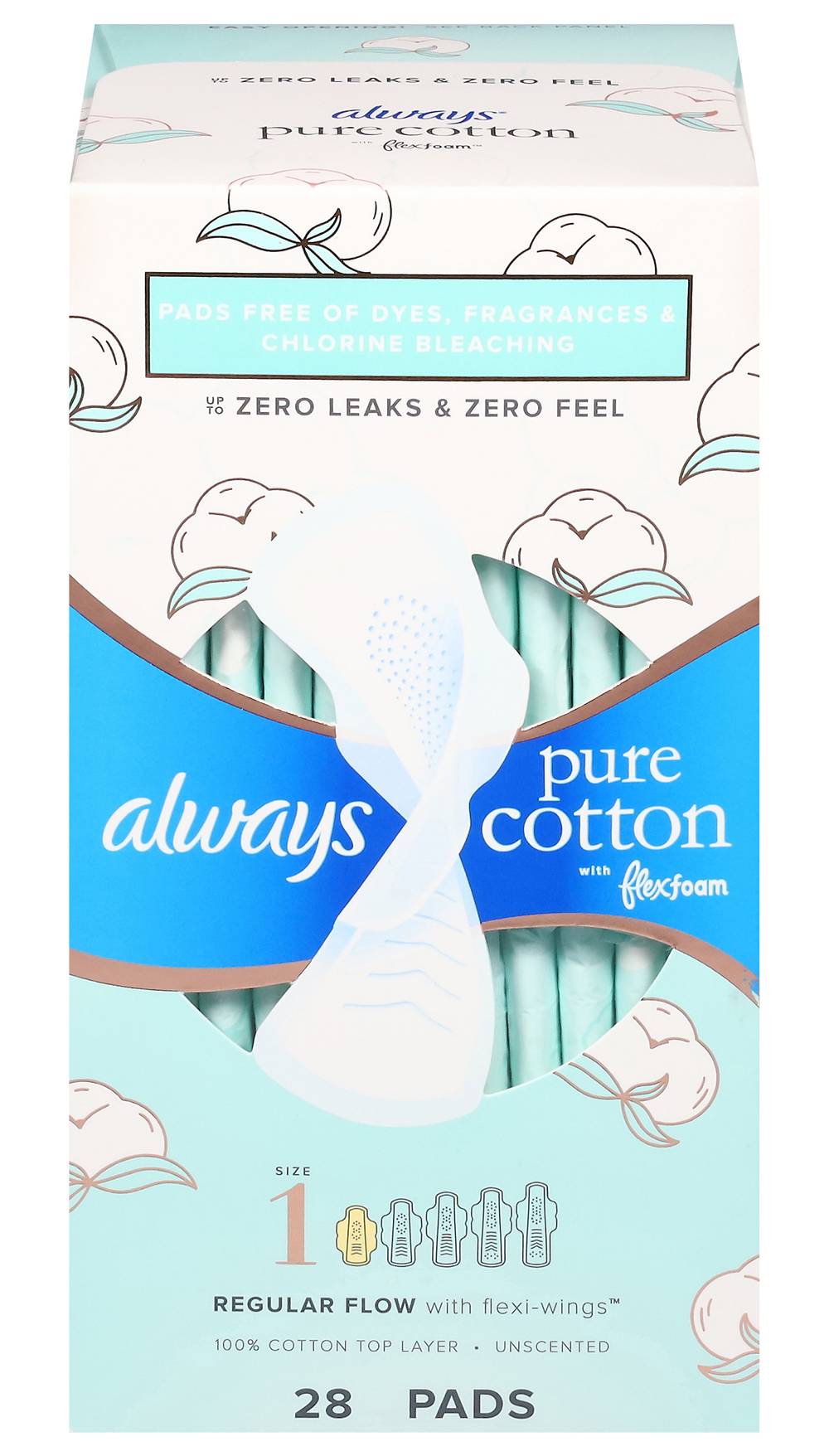 Always Pure Cotton Regular Pads With Flexfoam, Size 1 (8 oz, 28 ct)