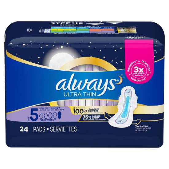 Always Ultra Thin Pads Size 5 Extra Heavy Overnight Absorbency Unscented with Wings, 24 Count