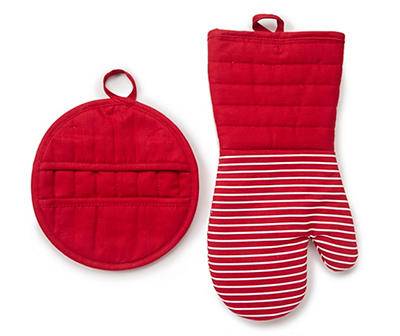 Master Cuisine Stripe Oven Mitt & Pot Holder Set, Red