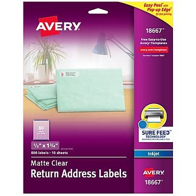 Avery Easy Peel Inkjet Return Address Labels, 1/2 x 1-3/4, Clear, 80 Labels/Sheet, 10 Sheets/Pack (18667)