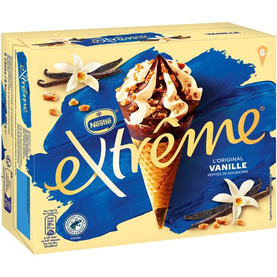 Nestlé - Extreme glace cône vanille pépites nougatine (6 pièces)