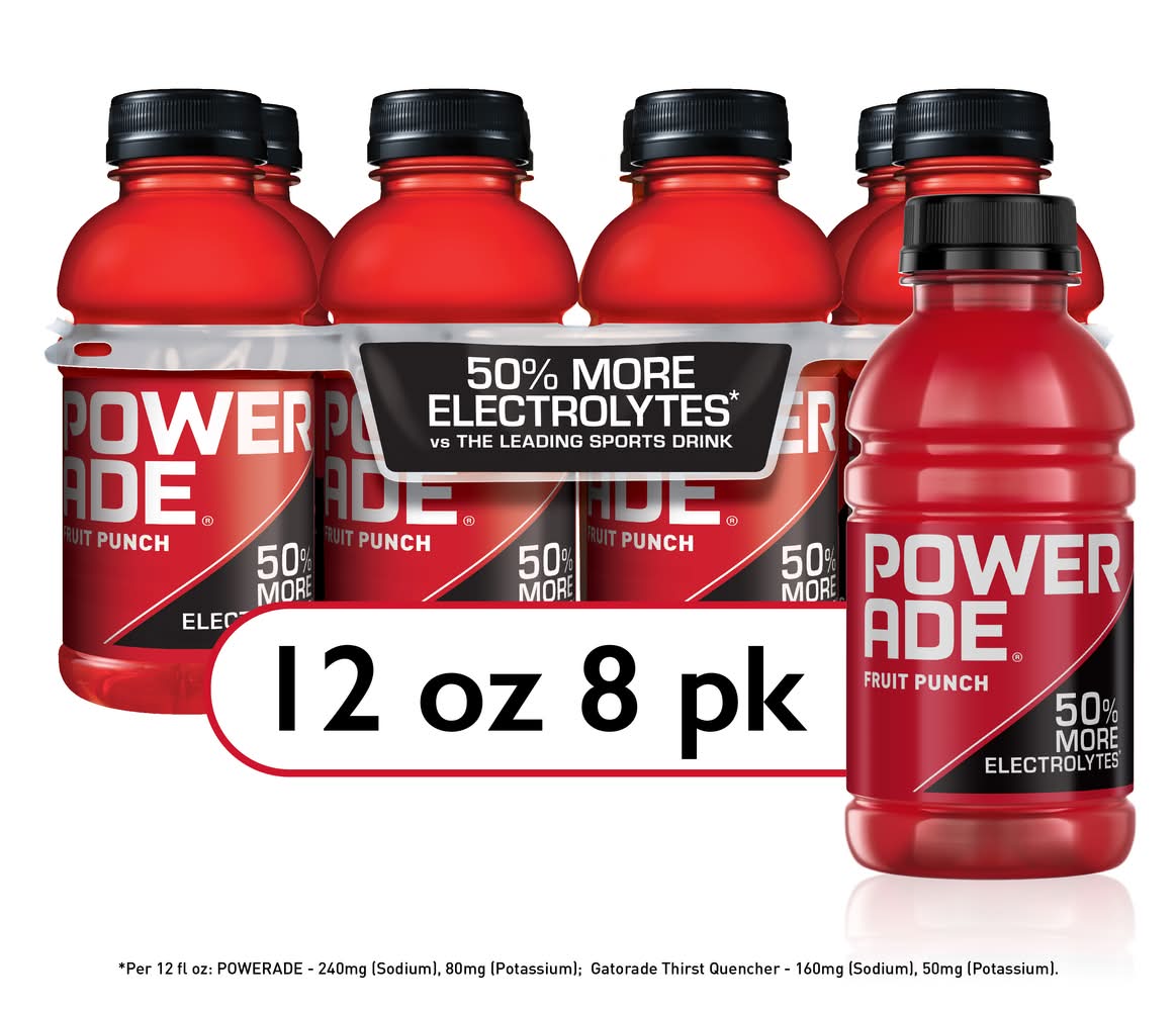 Powerade 50% More Electrolytes Sports Drink, Fruit Punch (8 x 12 fl oz)