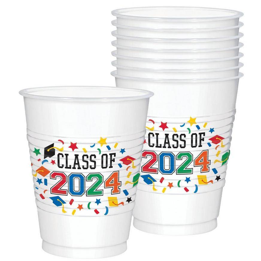 Party City Class Of 2024 Graduation Plastic Cups (16oz/rainbow-multicolor)