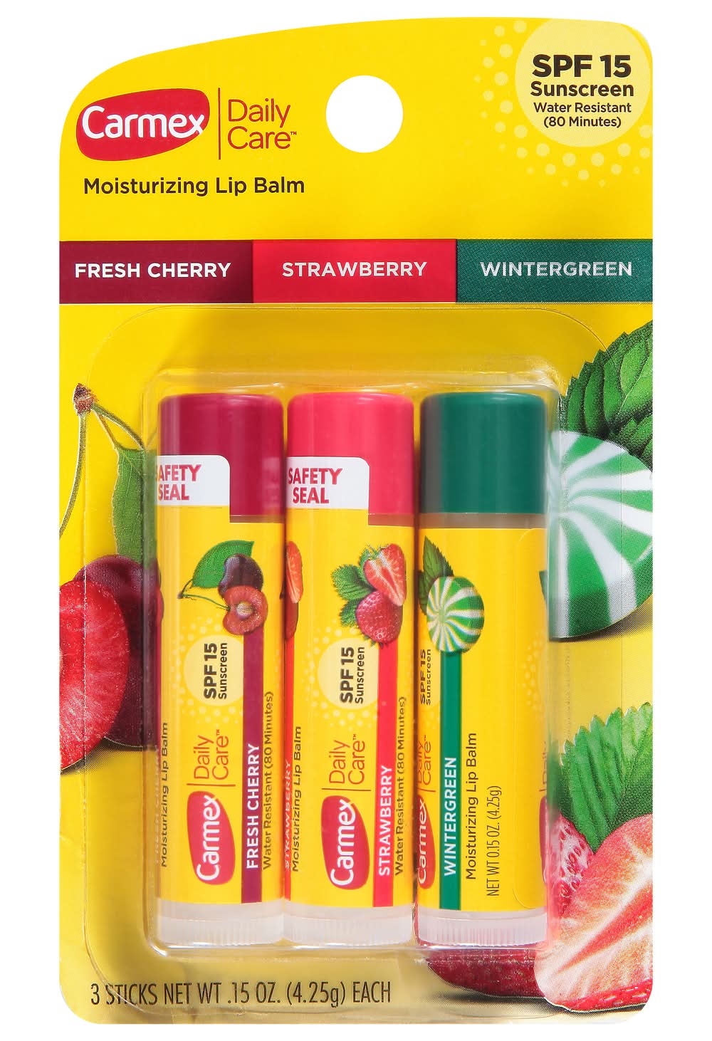 Carmex Daily Care Moisturizing Lip Balm Spf 15, Fresh Cherry-Strawberry-Wintergreen (0.15 oz, 3 ct)