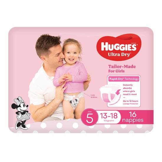 Huggies Ultra Dry Nappies Girl Size 5 - 13 (16 Pack) 18kg