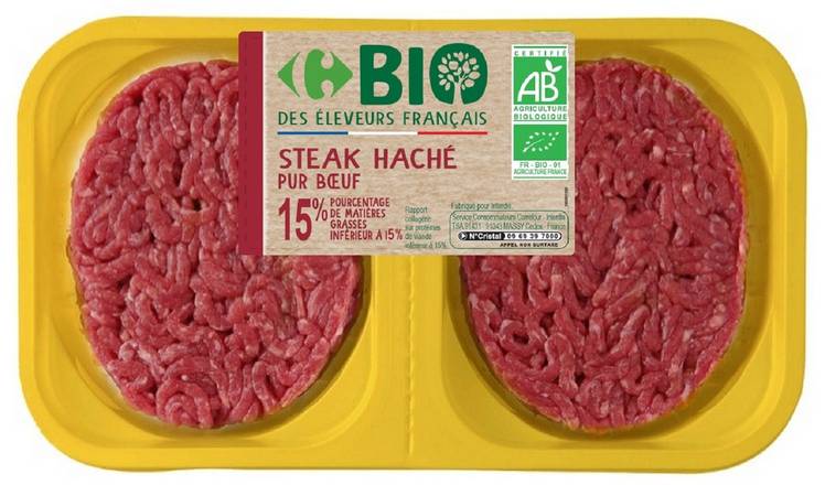 Carrefour Bio - Steaks hachés pur bœuf 15%mg (2 pièces)
