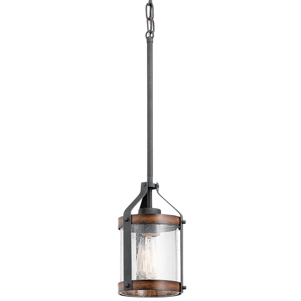 Kichler Barrington Distressed Black and Wood Tone Rustic Seeded Glass Cylinder Mini Hanging Pendant Light | 34808A