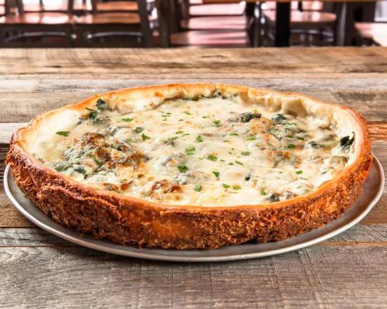 Parmesan Crusted Pan -Spinach, Mushroom, and Alfredo Pizza