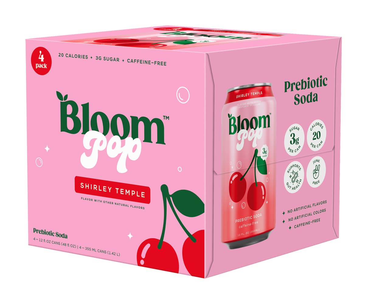 Bloom Pop Prebiotic Soda, Shirley Temple (4 x 12 fl oz)