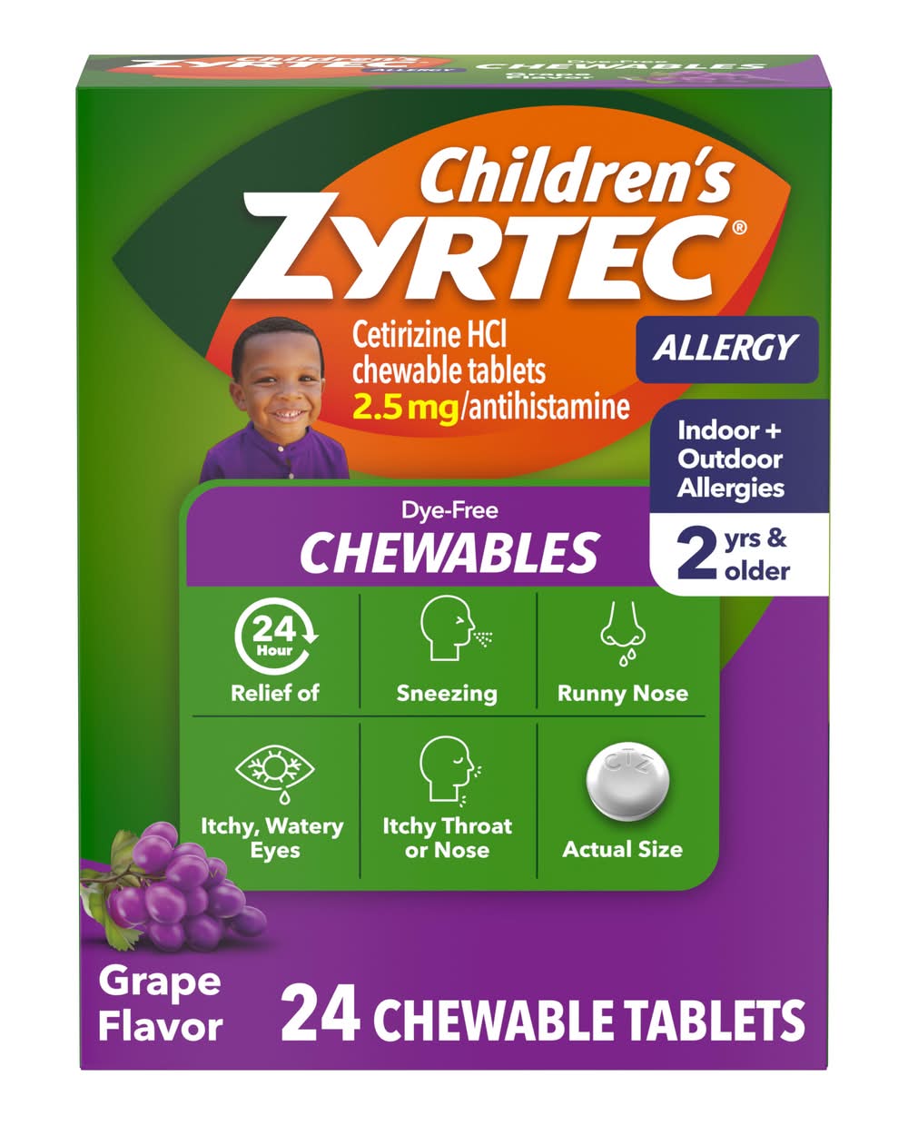 Zyrtec Childrens 24 Hour Allergy Grape Chewable 2.5 mg Tablets