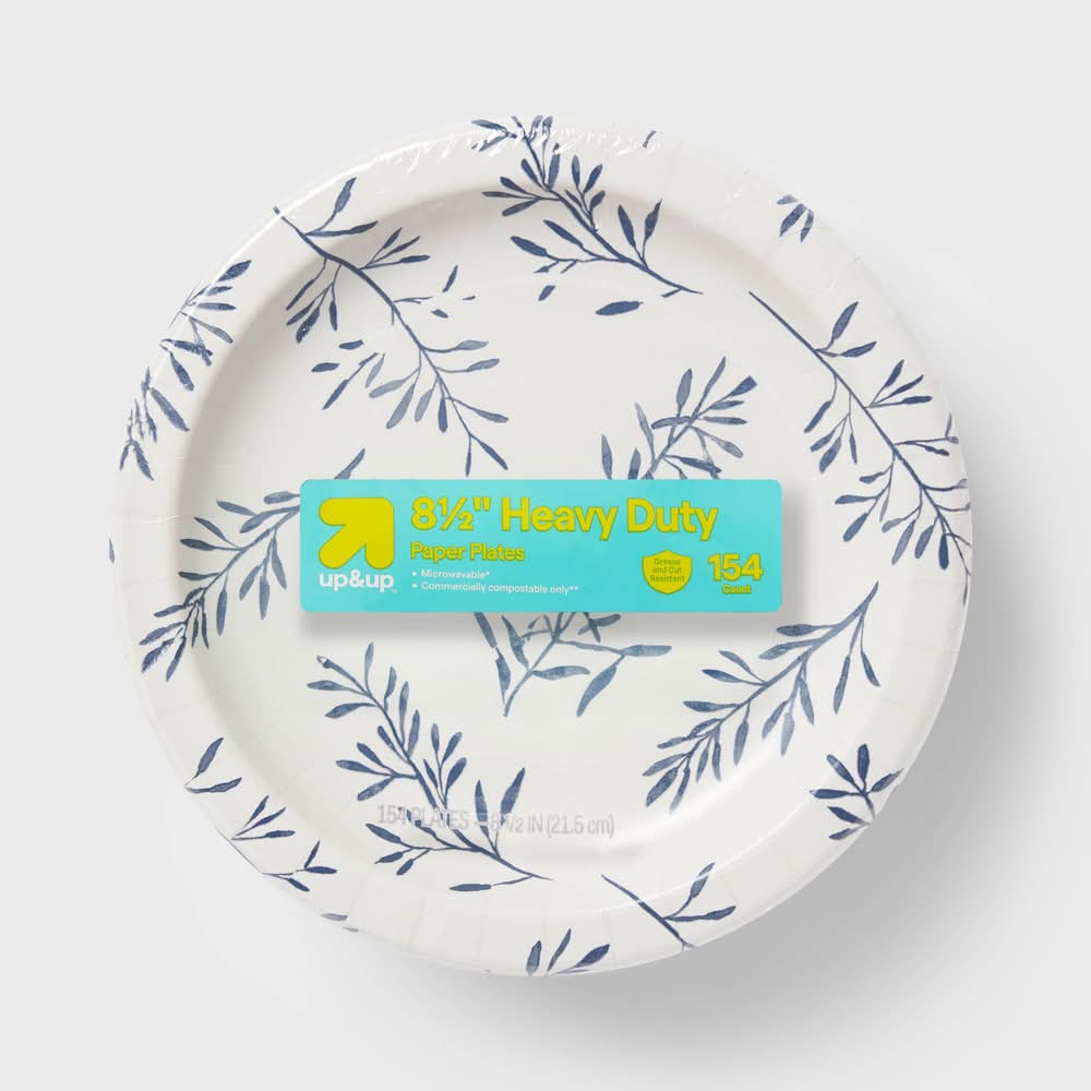 up&up Botanical Leaf Heavy Duty Paper Plates, 8.5 in, White-Blue (154 ct)