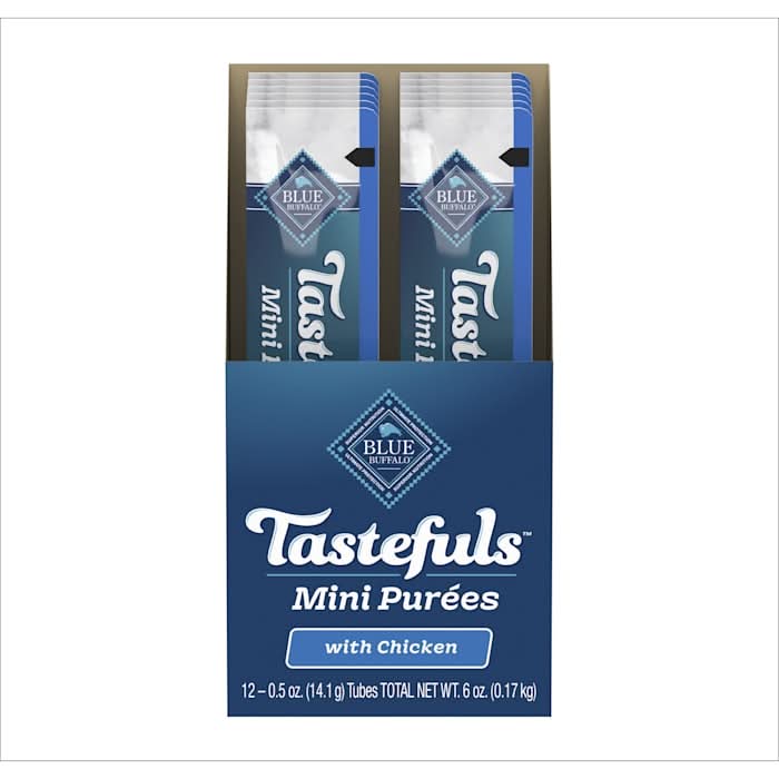 Blue Buffalo Tastefuls Mini Purees Chicken Adult Cat Natural Single-Serving Snack, 0.5 oz.