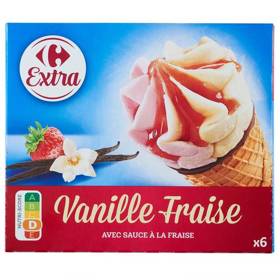 Carrefour Extra - Glace cône vanille fraise (6 pièces)
