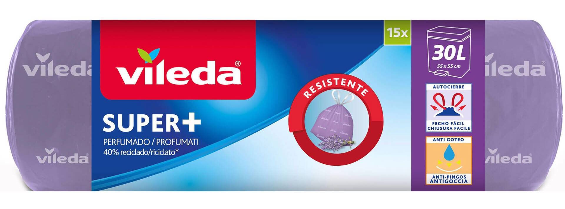 Sacos Lixo Super+ Perfumados Fecho Fácil Lavanda 30 lt Vileda (emb. 15 un)