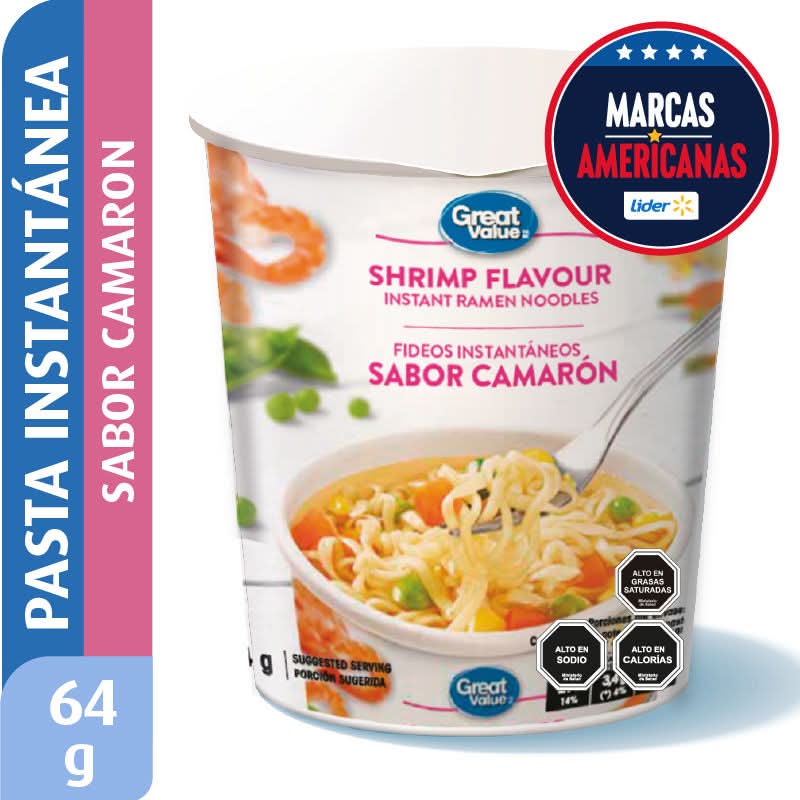 Great Value · Fideos instantáneos sabor camarón (64 g)