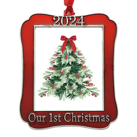 Studio Décor Our First Christmas 2024 Ornament Frame, 2 x 2.5 Inches, Red-Silver