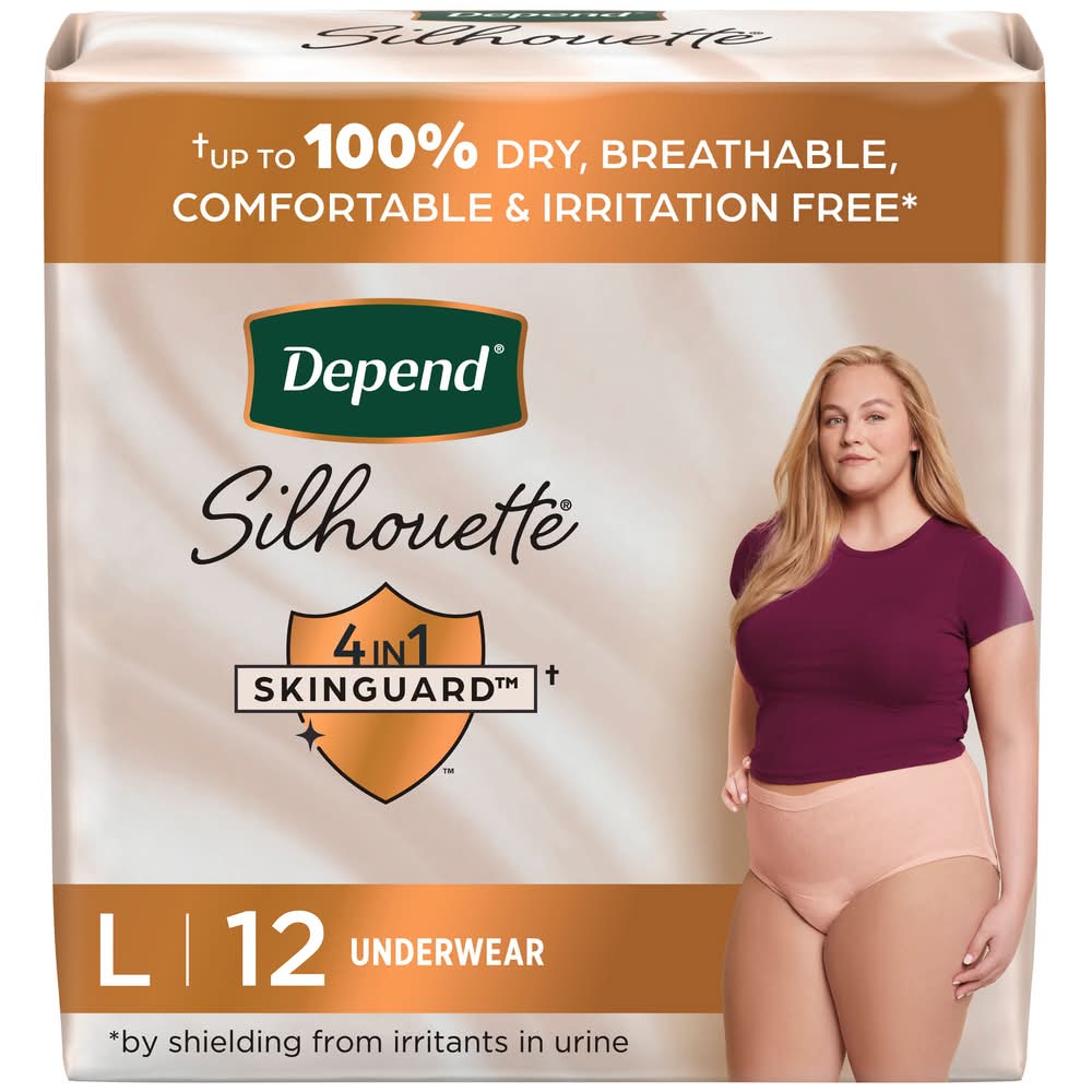 Depend Silhouette 4 in 1 Skinguard Incontinence & Postpartum Underwear For Women, L/G, Pink (12 ct)