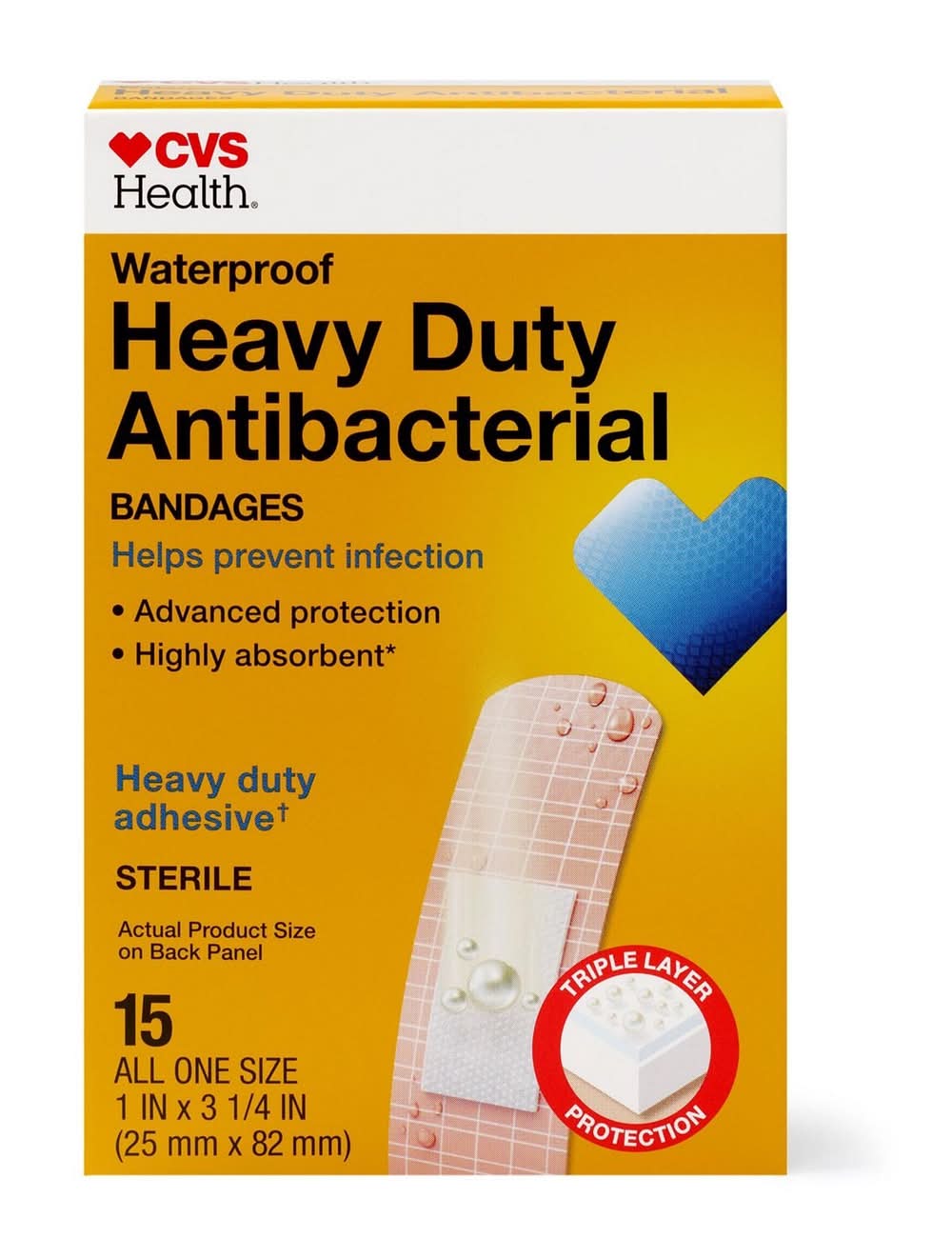 CVS Pharmacy Heavy Duty Waterproof Anti-Bacterial Bandages, 25 mm*82.5 mm (15 ct)