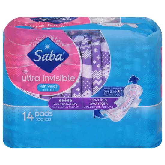 Saba Ultra Invisible Ultra Thin Overnight Pads With Wings (14 ct)