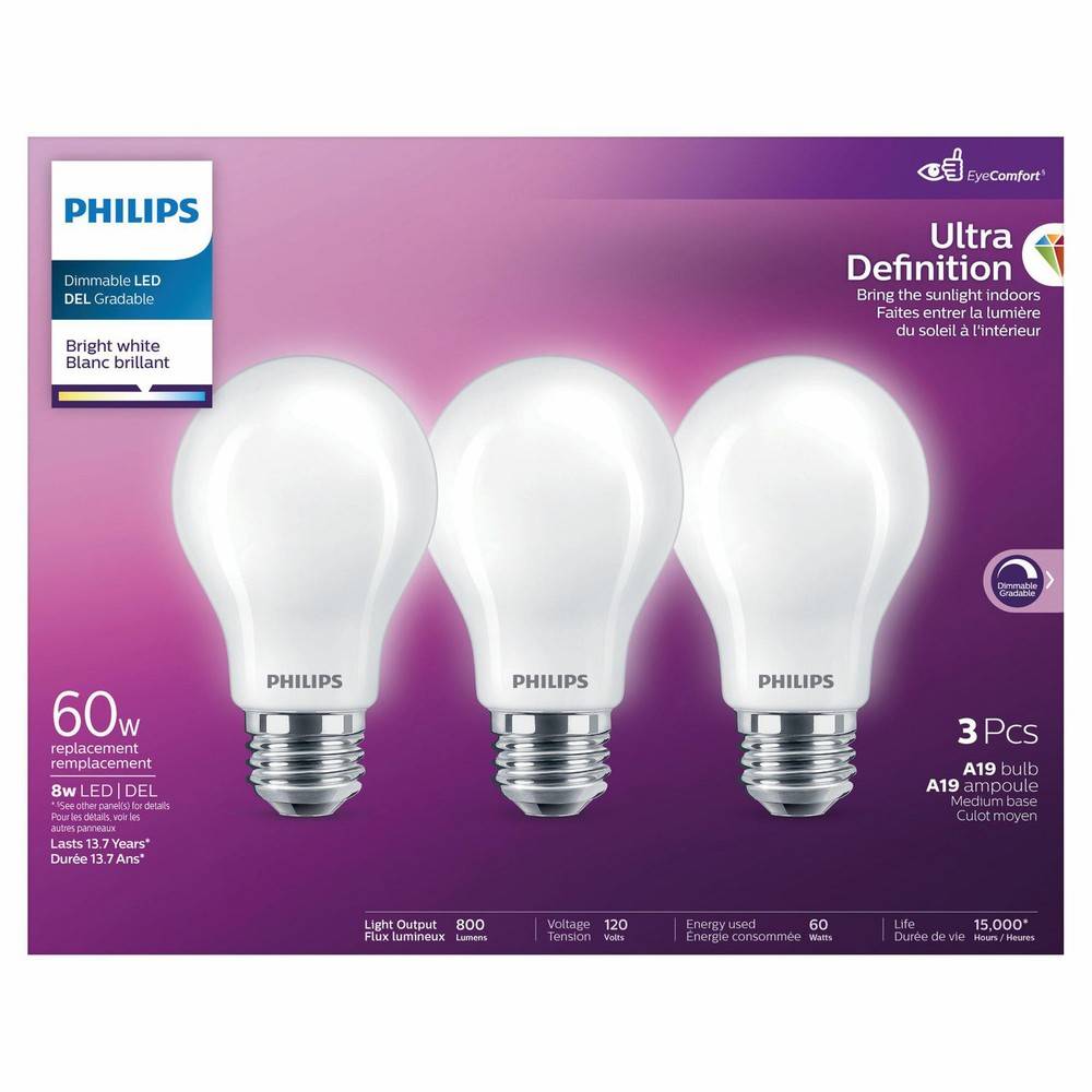Philips Led Ultra Definition Bright White Glass Frosted A19 Bulbs