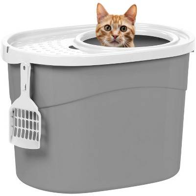 IRIS USA Oval Top Entry Cat Litter Box with Litter Catching Lid, Privacy Walls and Scoop, Gray/White