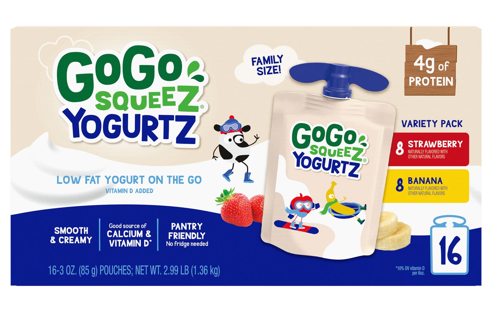 GoGo squeeZ Yogurtz on the Go Family Size Variety pack Pouches, Strawberry-Banana (48 oz, 16 ct)