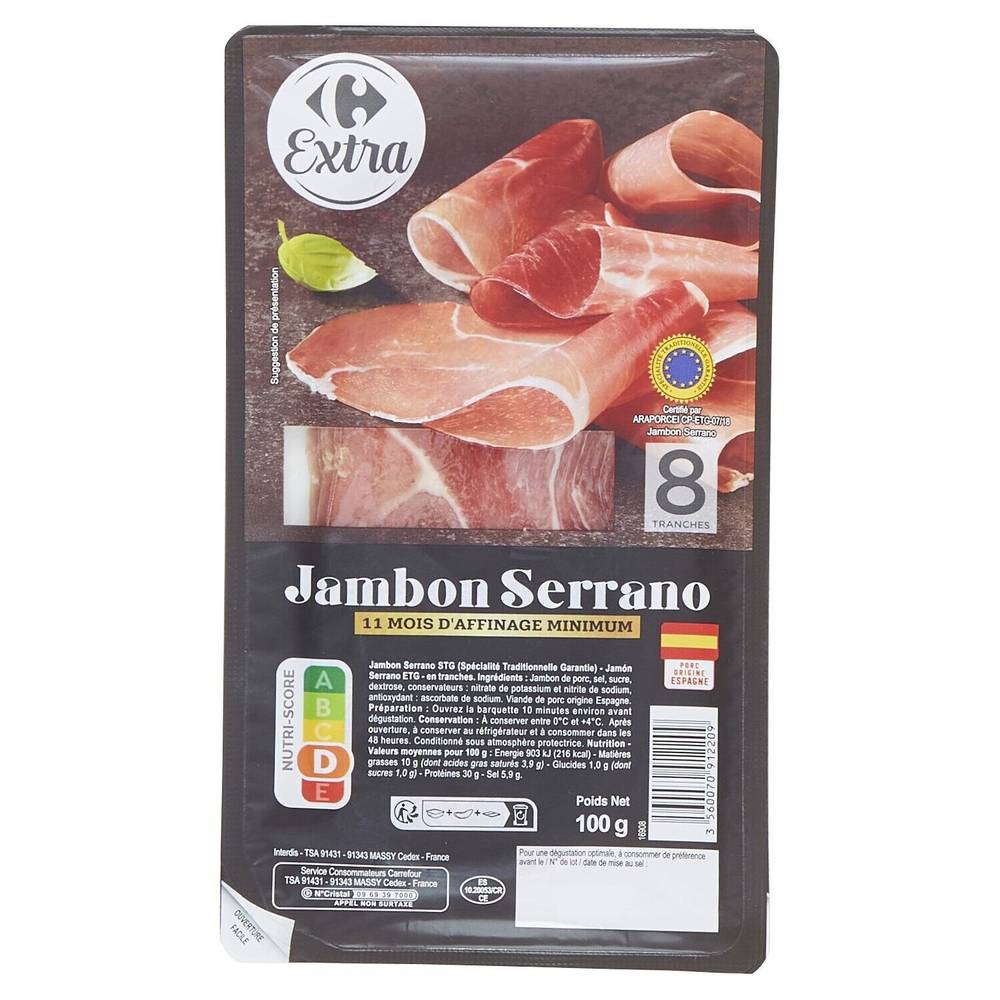 Jambon Serrano CARREFOUR EXTRA - la barquette de 8 tranches - 100g