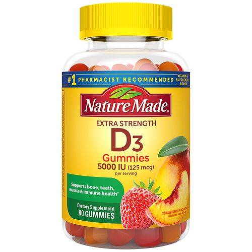 Nature Made Extra Strength Vitamin D3 5000 IU (125 mcg) per serving Gummies Strawberry, Peach, Mango - 80.0 ea