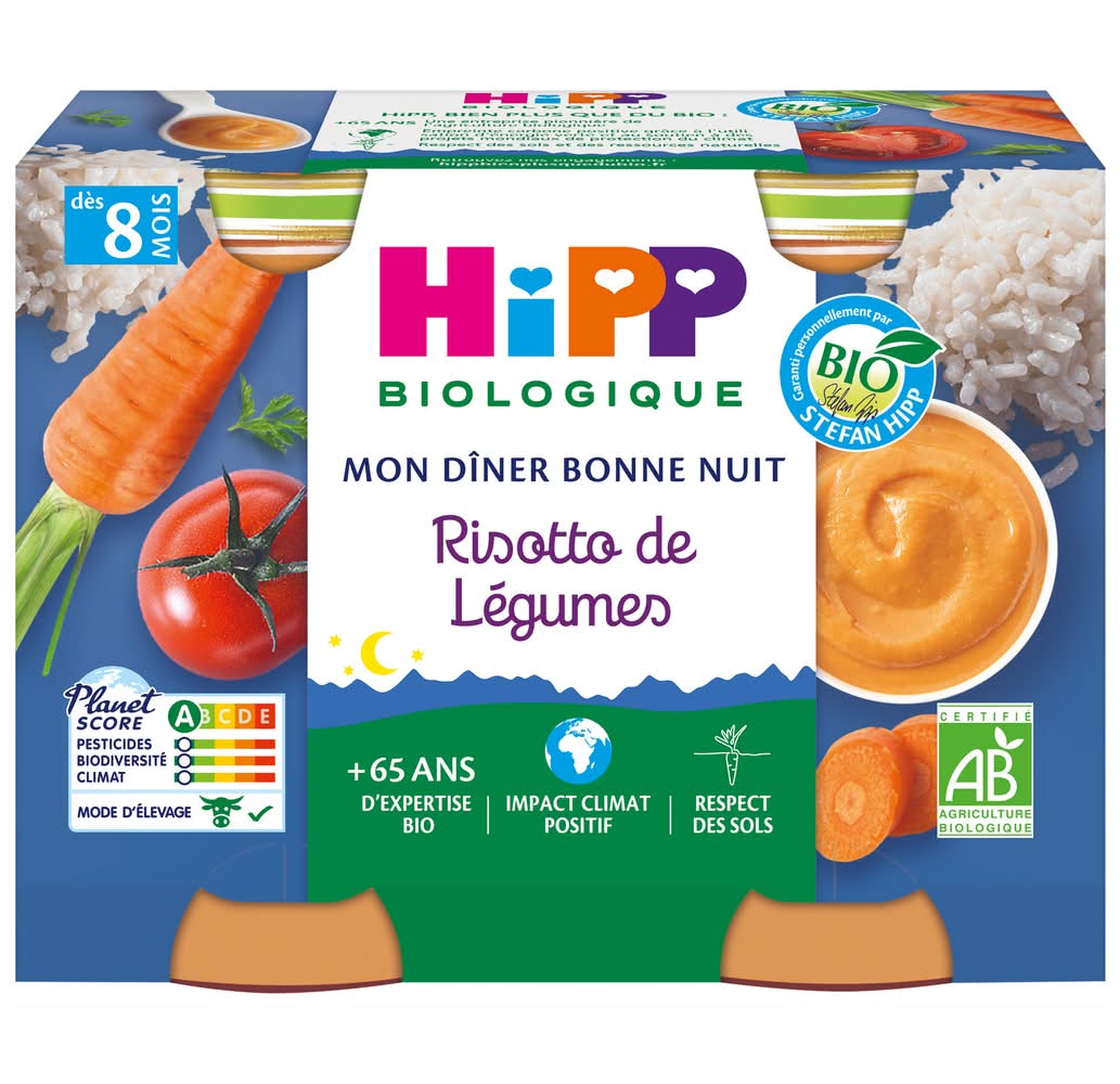 HiPP - Mon dîner bonne nuit risotto de légumes pots pour bébé bio, 6 Mois (2 x 190g)