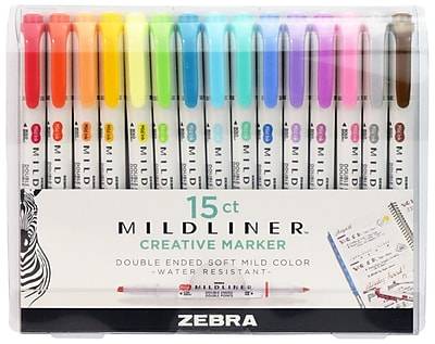 Zebra Mildliner Twin Tip Highlighters, Bullet/Chisel Tip, Assorted, 15/Pack (78115)