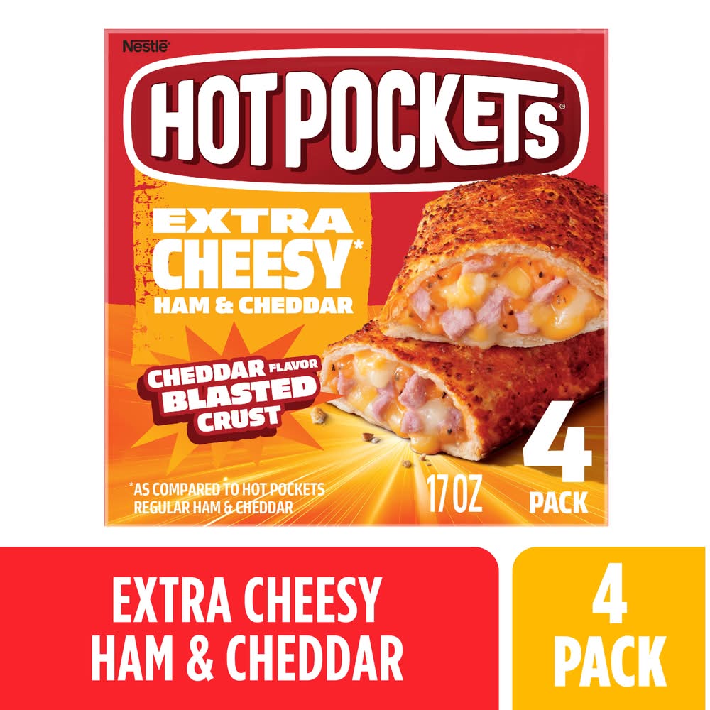 Hot Pockets Extra Cheesy Blasted Crust Frozen Sandwich, Ham & Cheddar (17 oz, 4 ct)