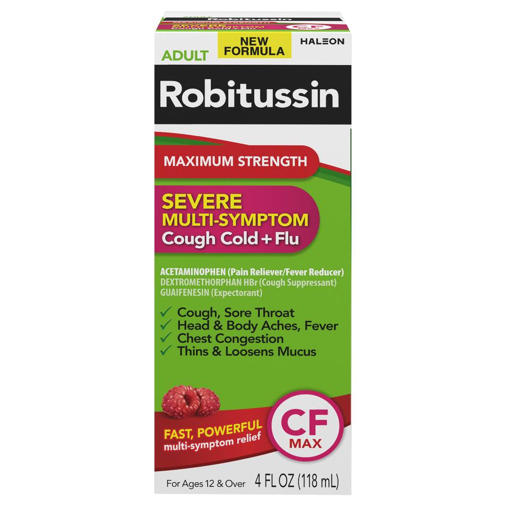 Robitussin Maximum Strength Adult Powerful Multi Symptom Relief, Raspberry Mint (4 fl oz)