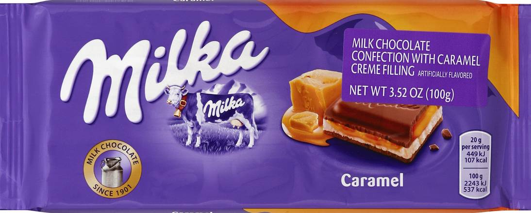 Milka Chocolate Candy, Milk Chocolate Tablet Caramel, 3,5 Oz /100 Gr