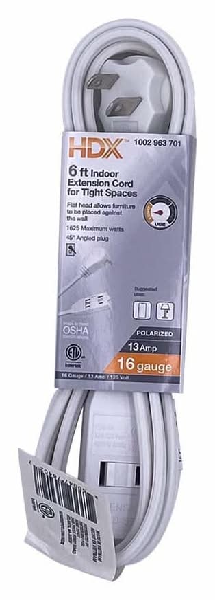 Hdx 6 Ft. 16/2 Light Duty Indoor Tight Space Multi-Outlet Extension Cord, White