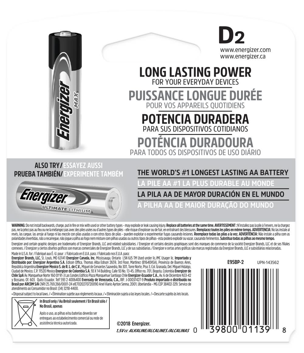 Energizer D2 1.5v Alkaline Batteries