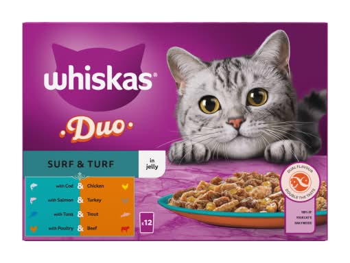 Whiskas Surf & Turf, Adult 1+, Duo Wet Cat Food Pouches in Jelly (12 x 85g)