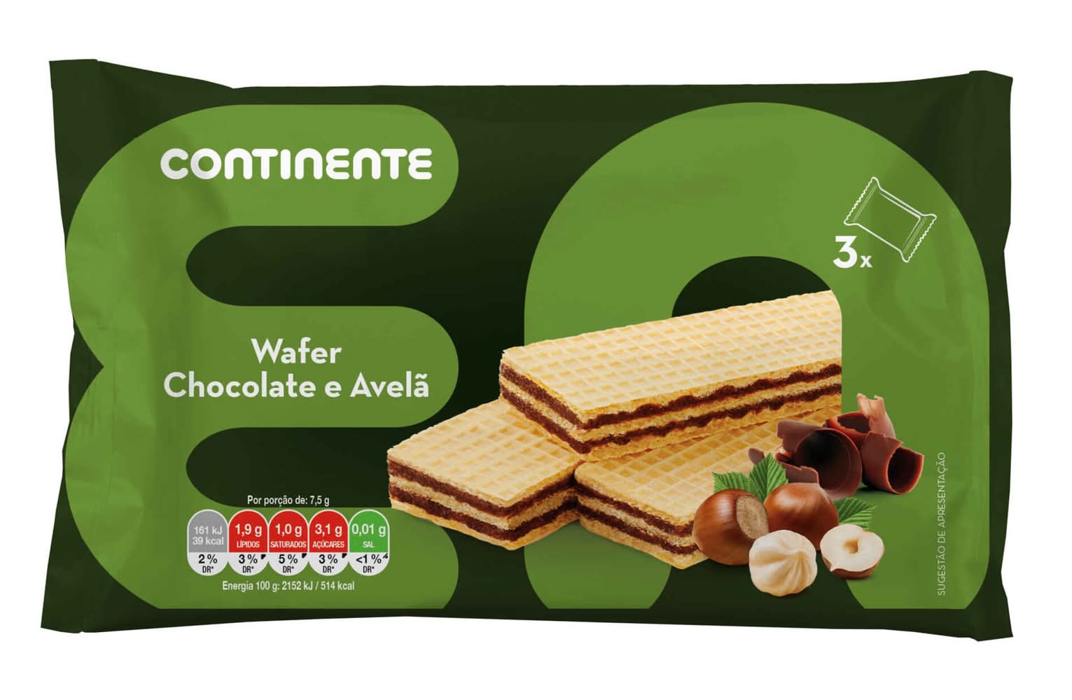 Bolachas Wafers Chocolate e Avelã Continente (emb. 180 gr (3 un))