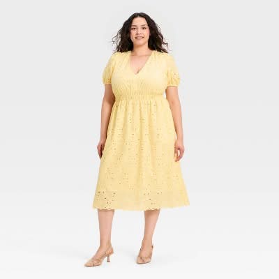 A New Day Puff Elbow Sleeve Eyelet Midi Empire Waist Dress Delivery Near Me  | Order Online | Uber Eats