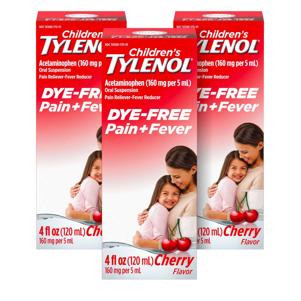 Children's Tylenol Pain + Fever Medicine Dye-Free, Cherry (4 fl oz, 3 ct)