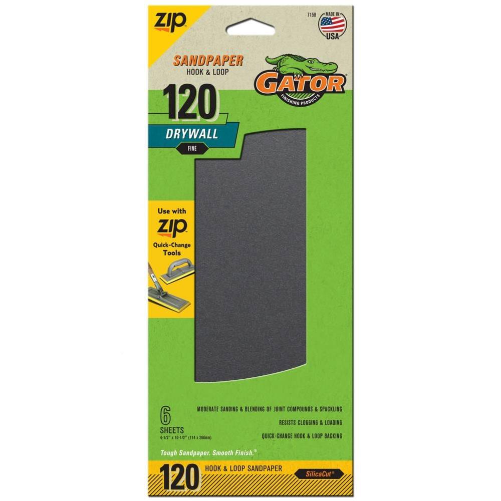 Gator Hook and Loop Drywall Sandpaper Fine 120-Grit Sheet Sandpaper 4.5-in W x 10.5-in L 6-Pack | 7158