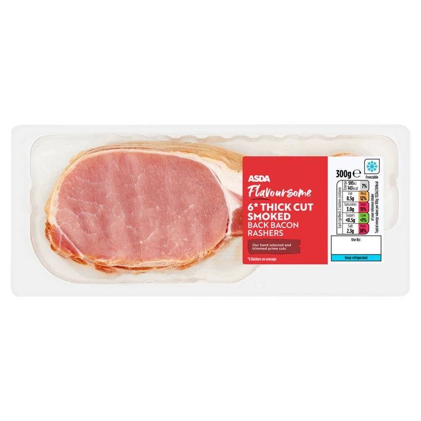 Asda Flavoursome 6 Thick Cut Smoked Back Bacon Rashers 300g