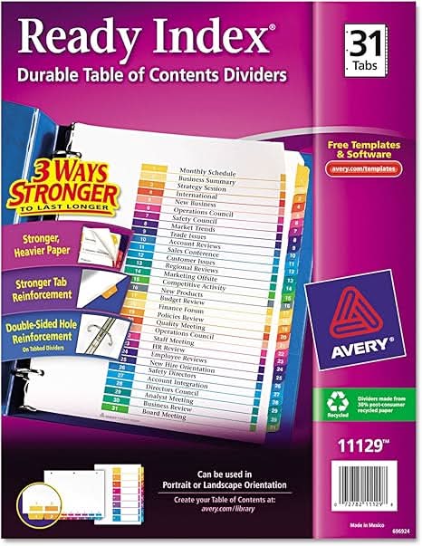 Avery Ready Index Table Of Contents Paper, 11 * 8.5, Multi (31 ct)