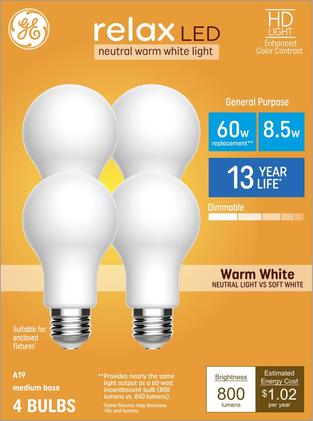 GE Relax HD 60 -Watt EQ A19 Warm white Medium screw base E26 Dimmable LED General purpose Light Bulb 4 -Pack