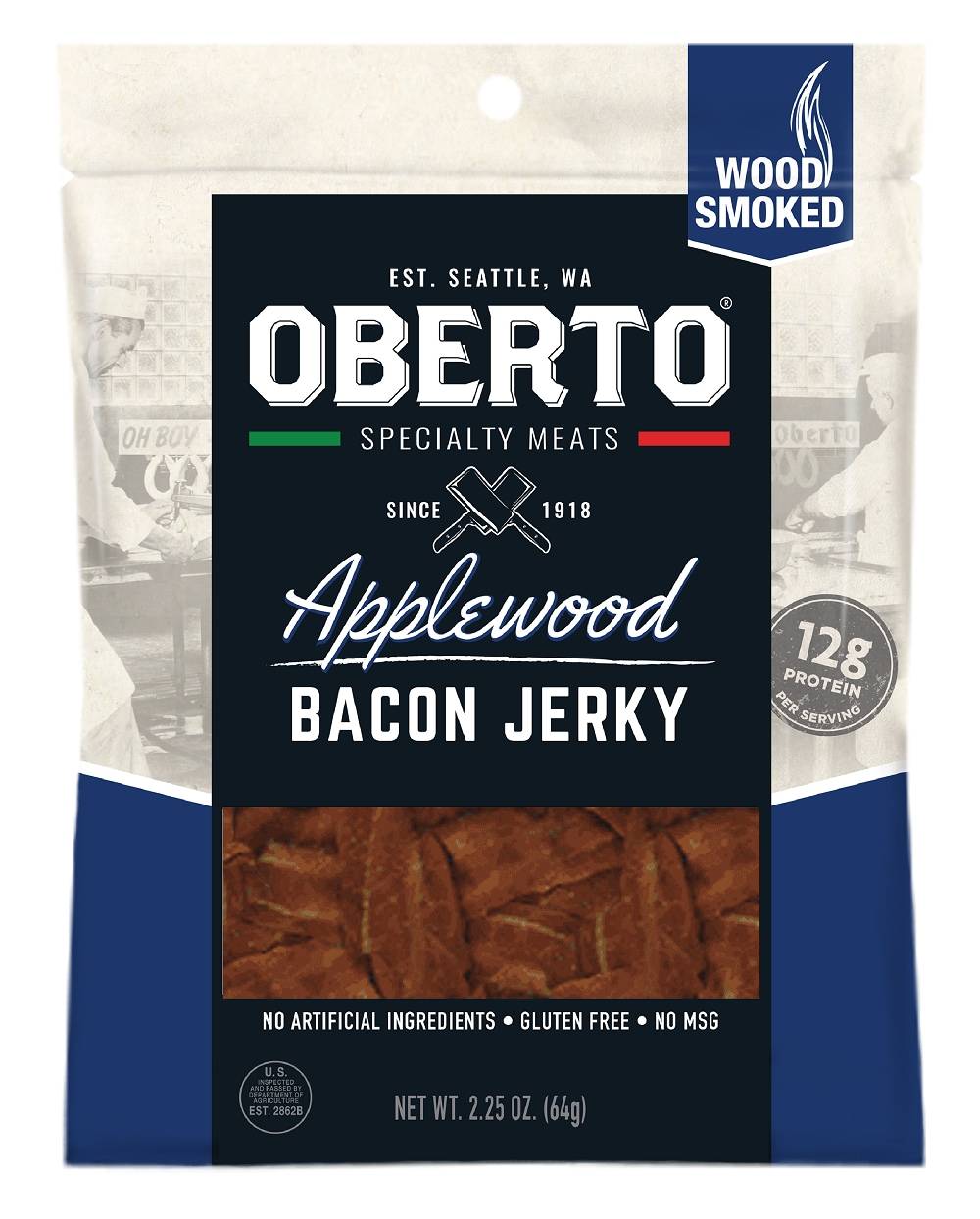 Oberto All Natural Apple Wood Smoked Bacon Jerky - 2.5 oz. Meat Snack for a Delicious and Healthy Snacking Experience | SMO61307