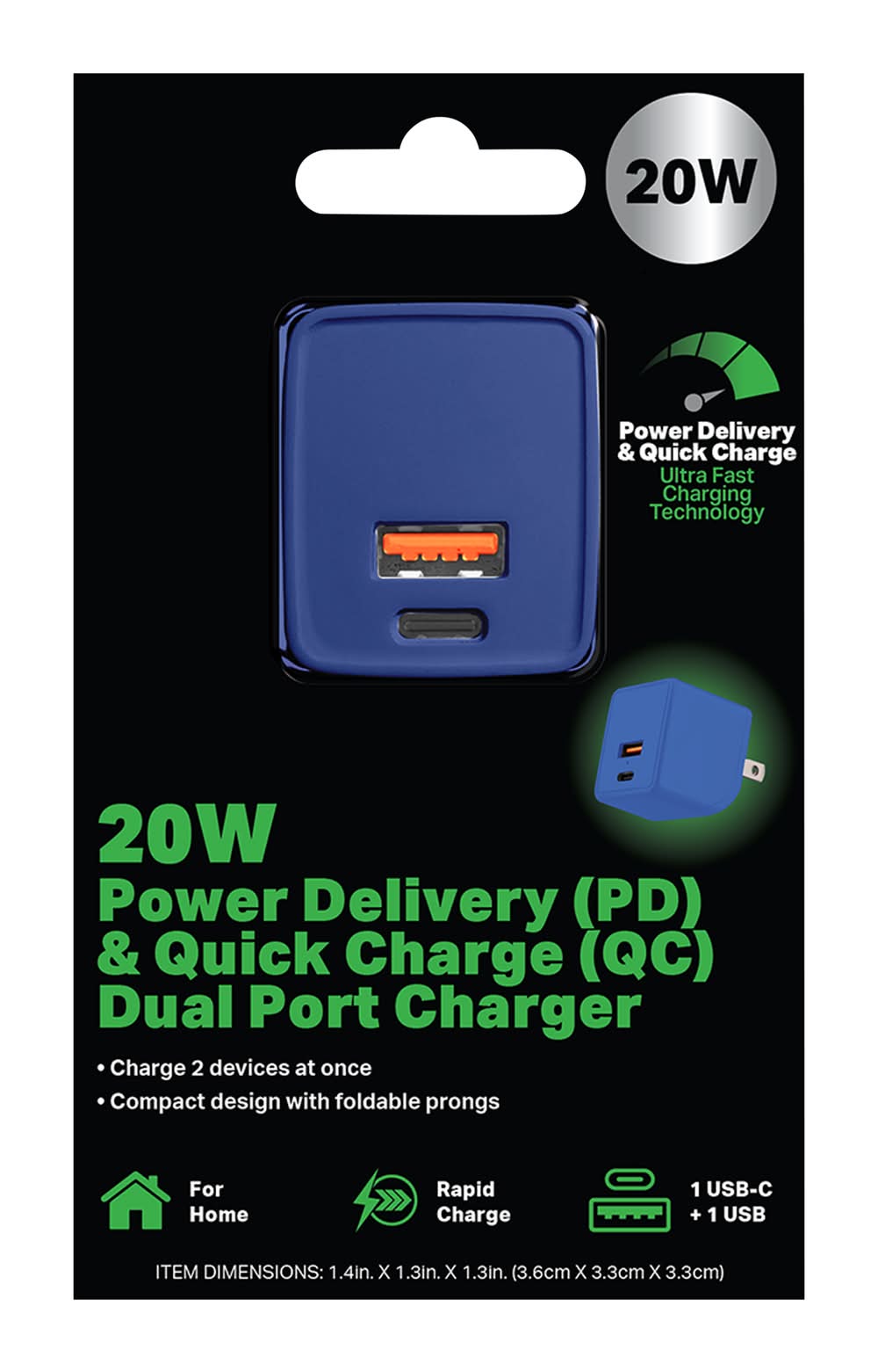 20W Power Delivery & Quick Charge Dual Port Wall Charger Medium Blue