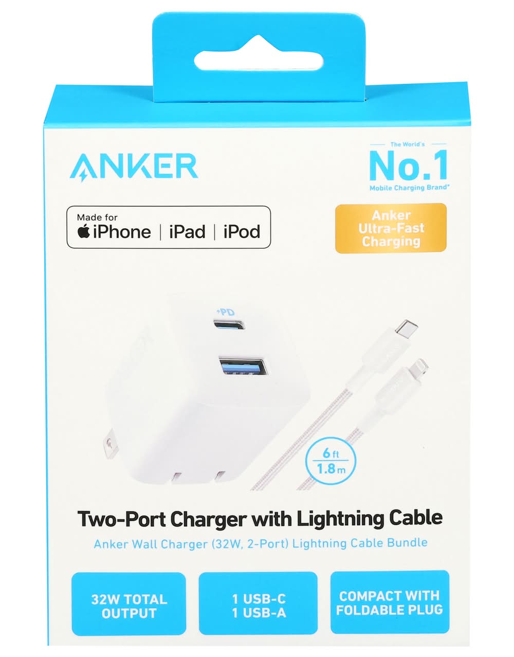 Anker Two Port Charger With Lightning Cable 32 W, 6 ft, White