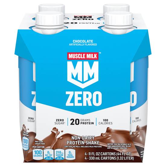 Muscle Milk Zero Sugar Chocolate Non Dairy Protein Shake (4 ct, 11 fl oz)