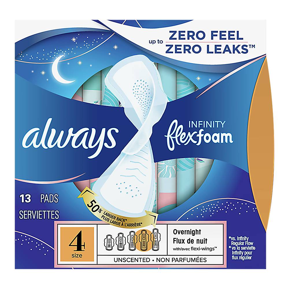 Always Infinity Flexfoam Overnight Unscented Pads, Size 4 (13 ct)