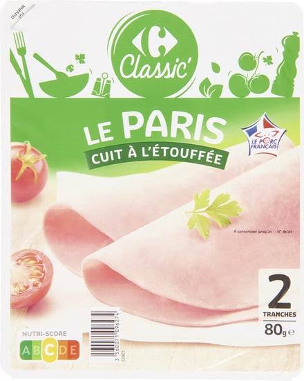 Jambon Le Paris cuit à l'étouffée CARREFOUR CLASSIC' - le paquet de 2 tranches - 80g